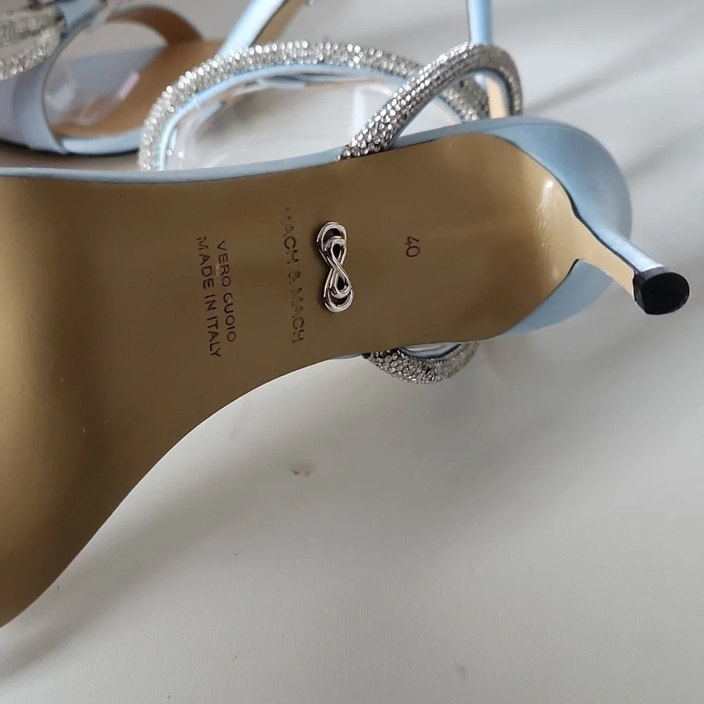 NIB MACH & MACH | Double Bow Round Toe Satin Sandals Heels Pumps Blue Sz 10B 40